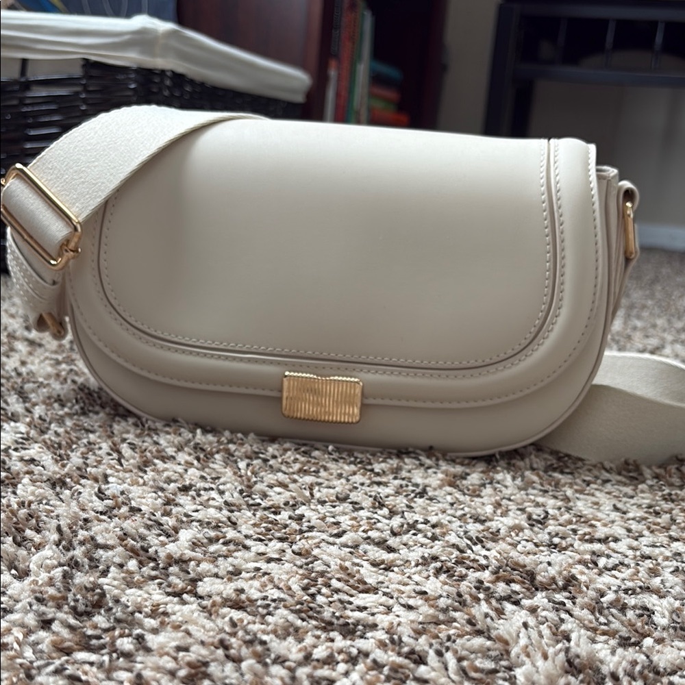 Rachel Zoe Cream Crossbody Bag with Seatbelt Strap and Gold Hardware